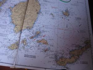 Seekarte bis Naxos, rote Sturmböen-Pfeile